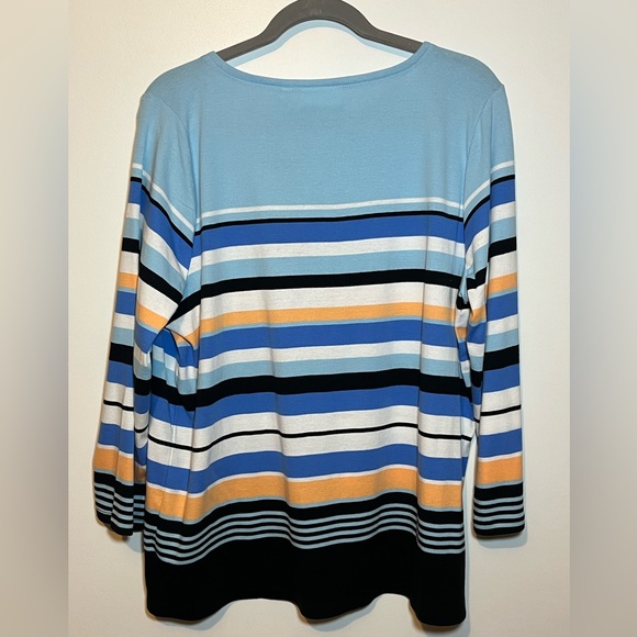 Rafaella Womens Shirt X-Large Blue Striped 3/4 Sleeve Faux Button Shoulder - Picture 2 of 2